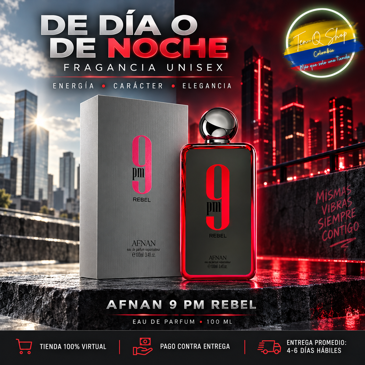 Afnan 9 PM Rebel, fragancia unisex para usar de día o de noche.