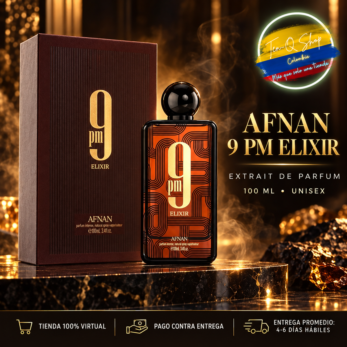 Afnan 9 PM Elixir Extrait de Parfum unisex de 100 ml con caja.