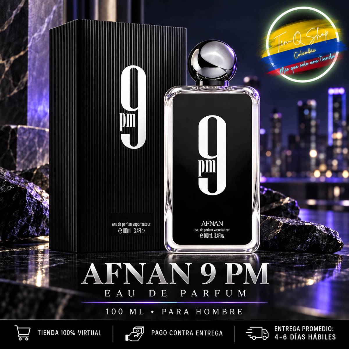 Afnan 9 PM Eau de Parfum para hombre de 100 ml con caja negra.