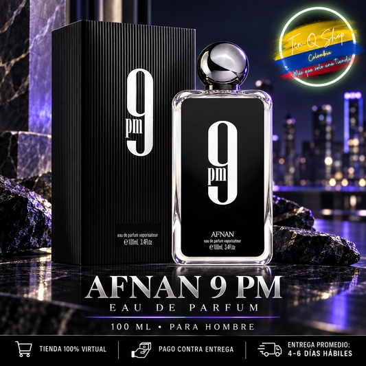 Afnan 9 PM Eau de Parfum para hombre de 100 ml con caja negra.