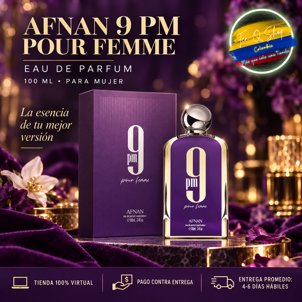 Afnan 9 PM Pour Femme Eau de Parfum para mujer de 100 ml con caja.