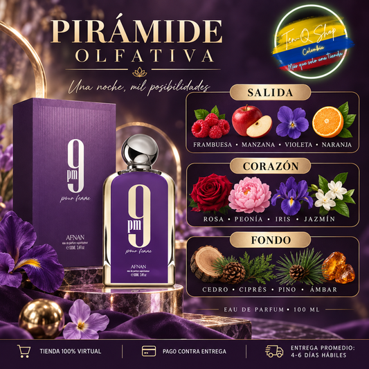Pirámide olfativa oficial de Afnan 9 PM Pour Femme.