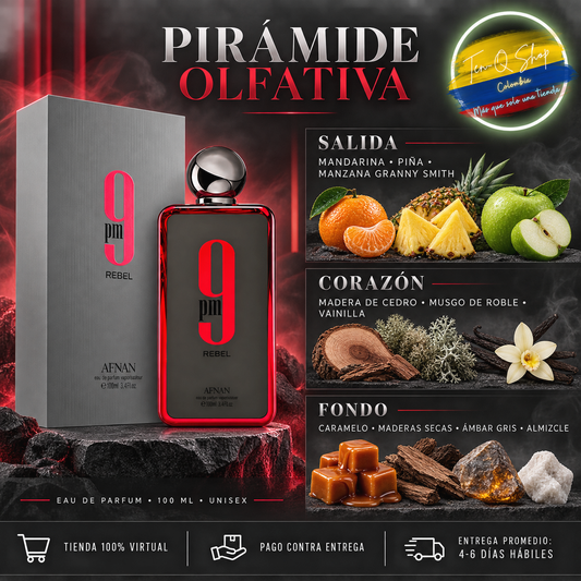 Pirámide olfativa oficial del perfume Afnan 9 PM Rebel.