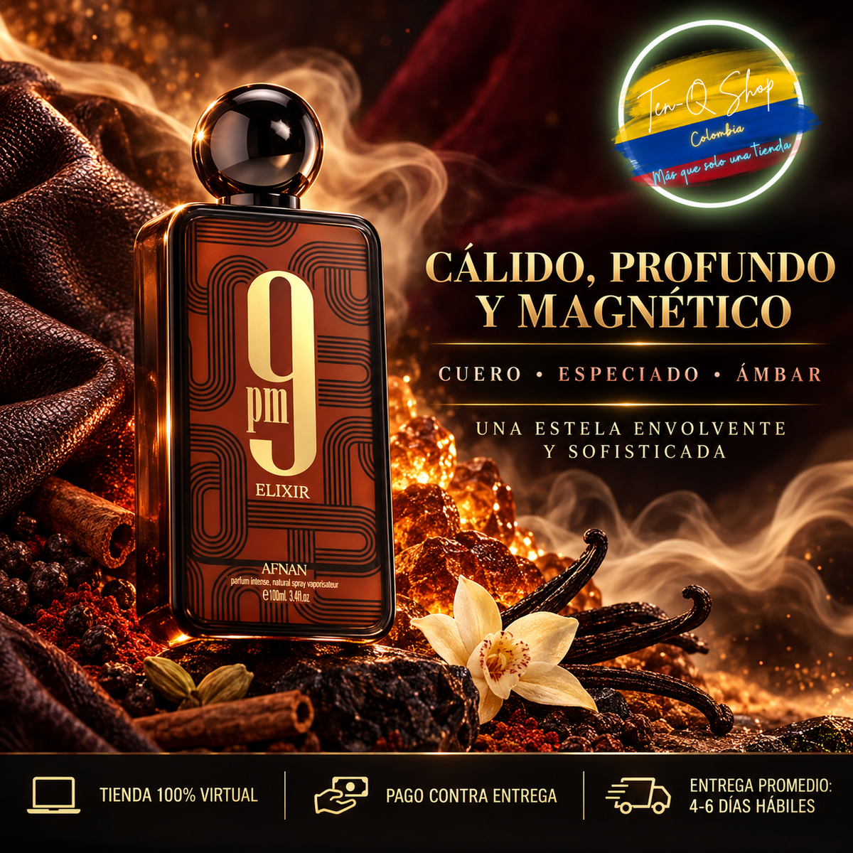 Perfil cálido, especiado, ambarado y con cuero de Afnan 9 PM Elixir.