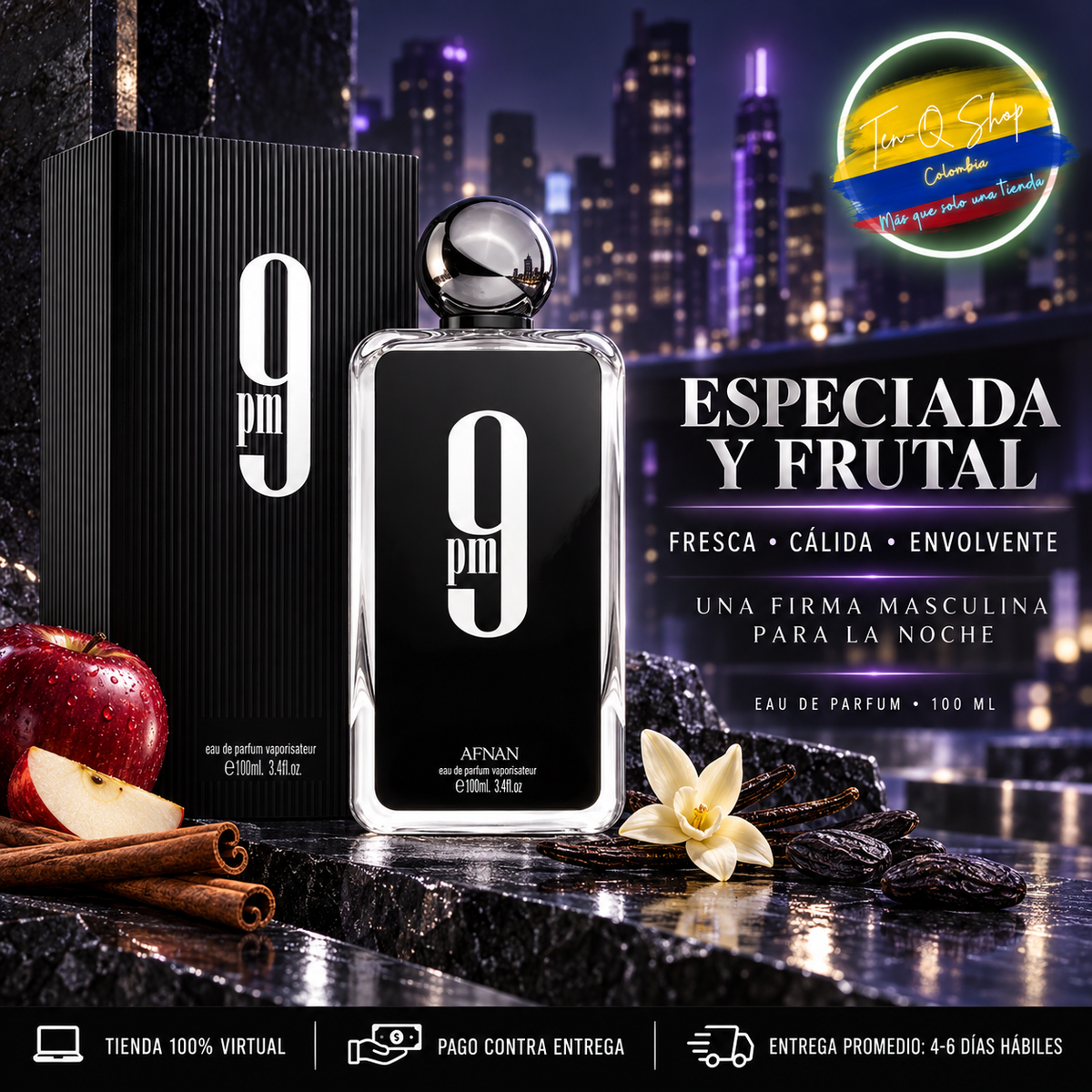 Perfil especiado y frutal de Afnan 9 PM Eau de Parfum.