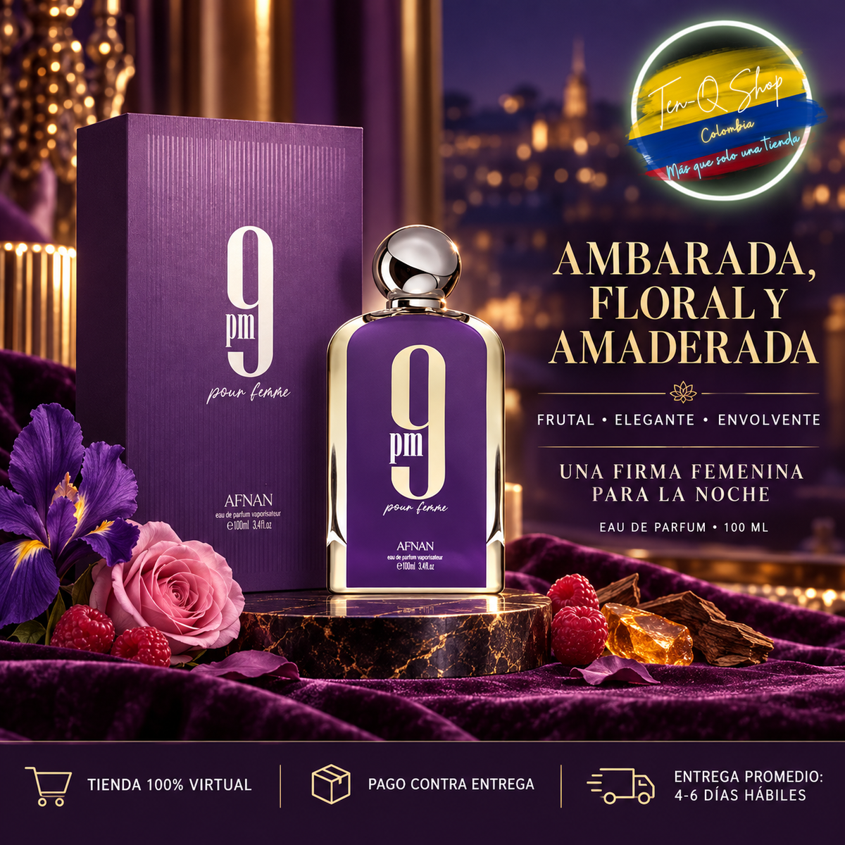 Perfil ambarado, floral y amaderado de Afnan 9 PM Pour Femme.