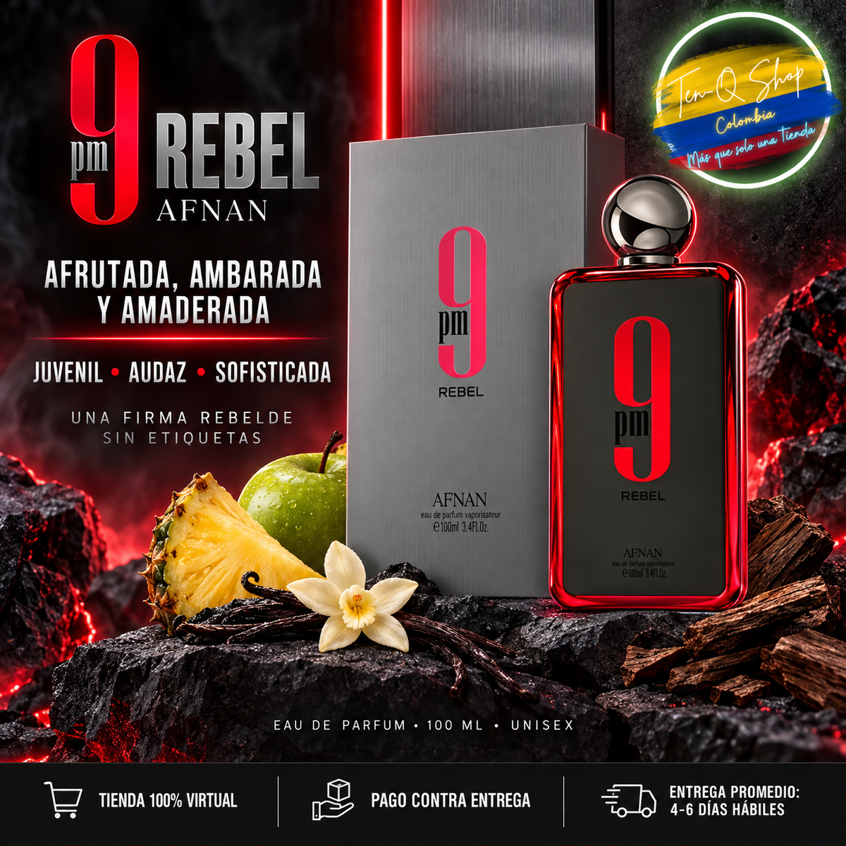 Perfil afrutado, ambarado y amaderado de Afnan 9 PM Rebel.
