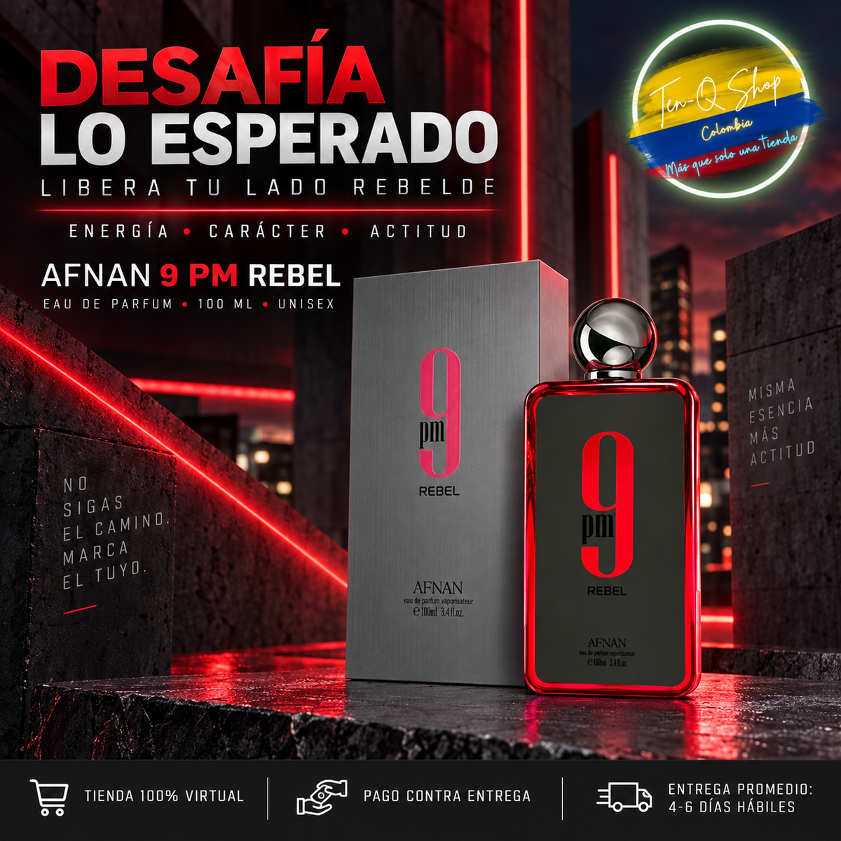 Frasco rojo y gris de Afnan 9 PM Rebel en una ambientación urbana.