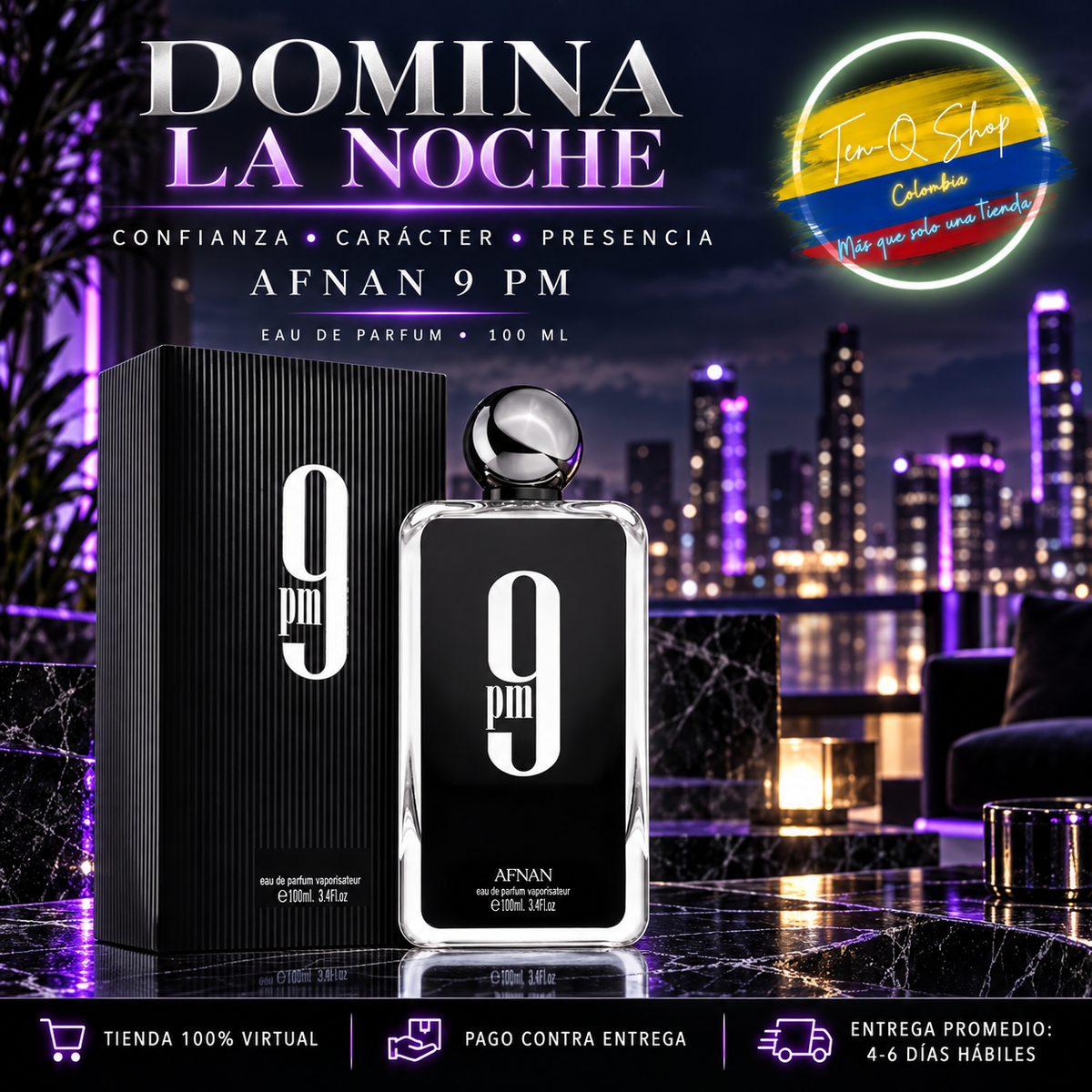 Frasco de Afnan 9 PM en una elegante ambientación nocturna.