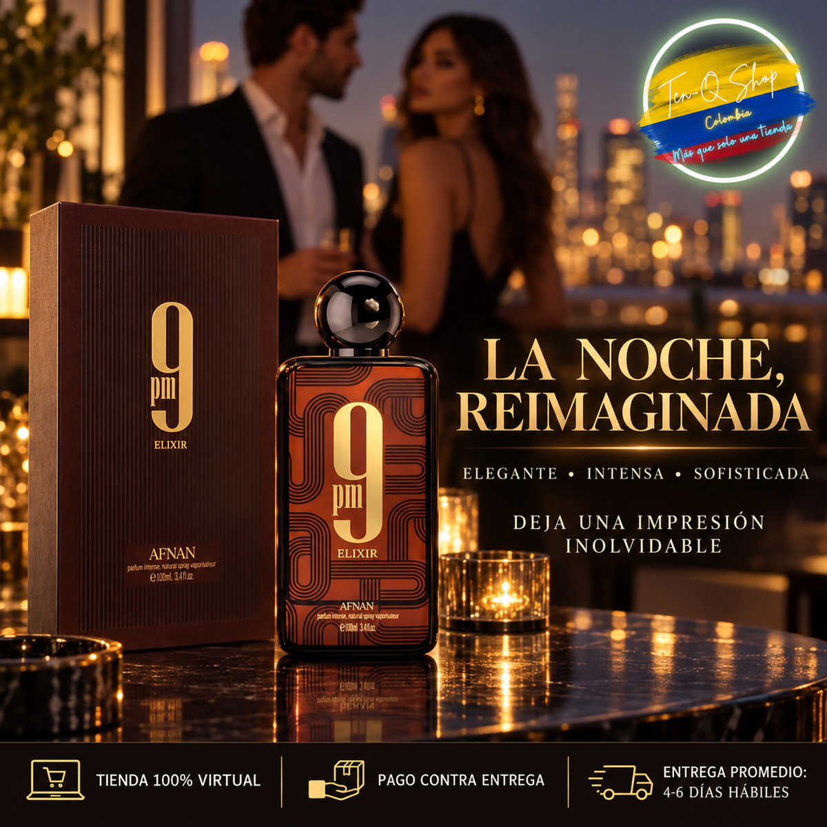 Afnan 9 PM Elixir presentado como fragancia elegante para la noche.