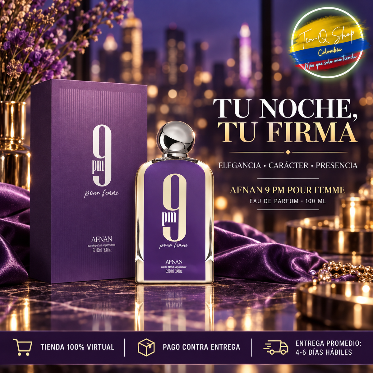 Perfume Afnan 9 PM Pour Femme en ambiente nocturno elegante.