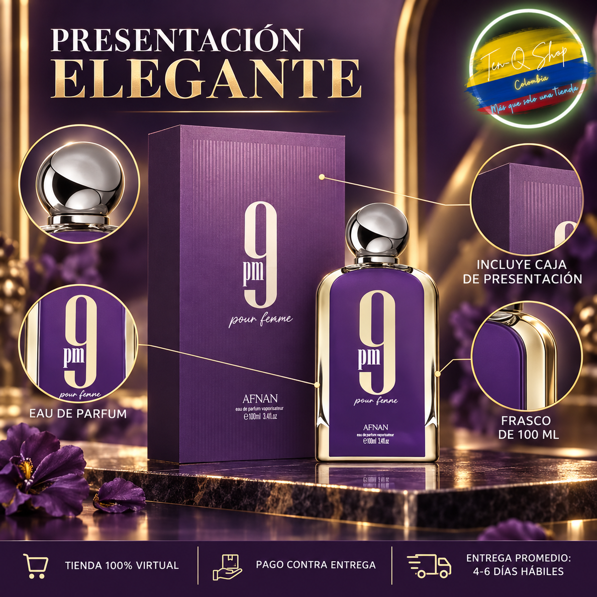Detalles del frasco violeta y caja de Afnan 9 PM Pour Femme.