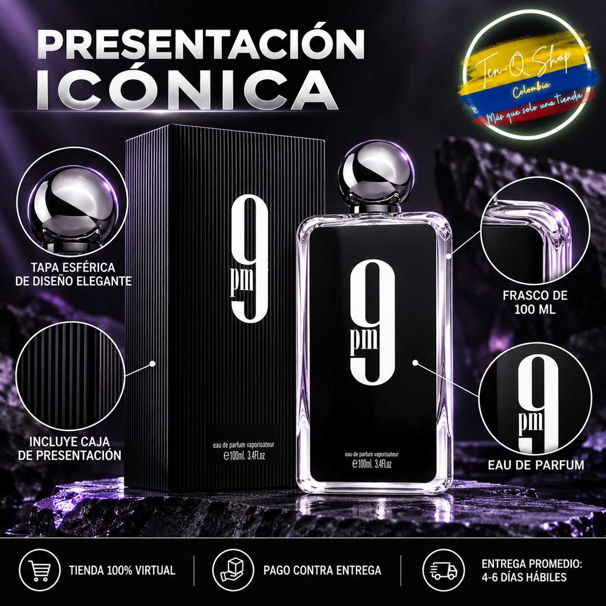 Detalles del frasco negro y caja acanalada de Afnan 9 PM.