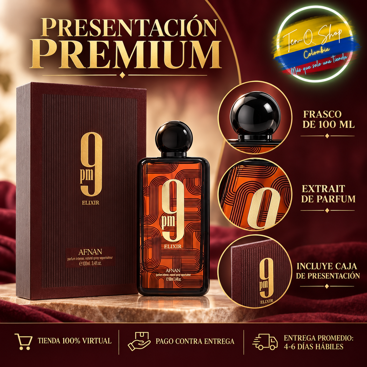 Frasco y caja de presentación de Afnan 9 PM Elixir de 100 ml.