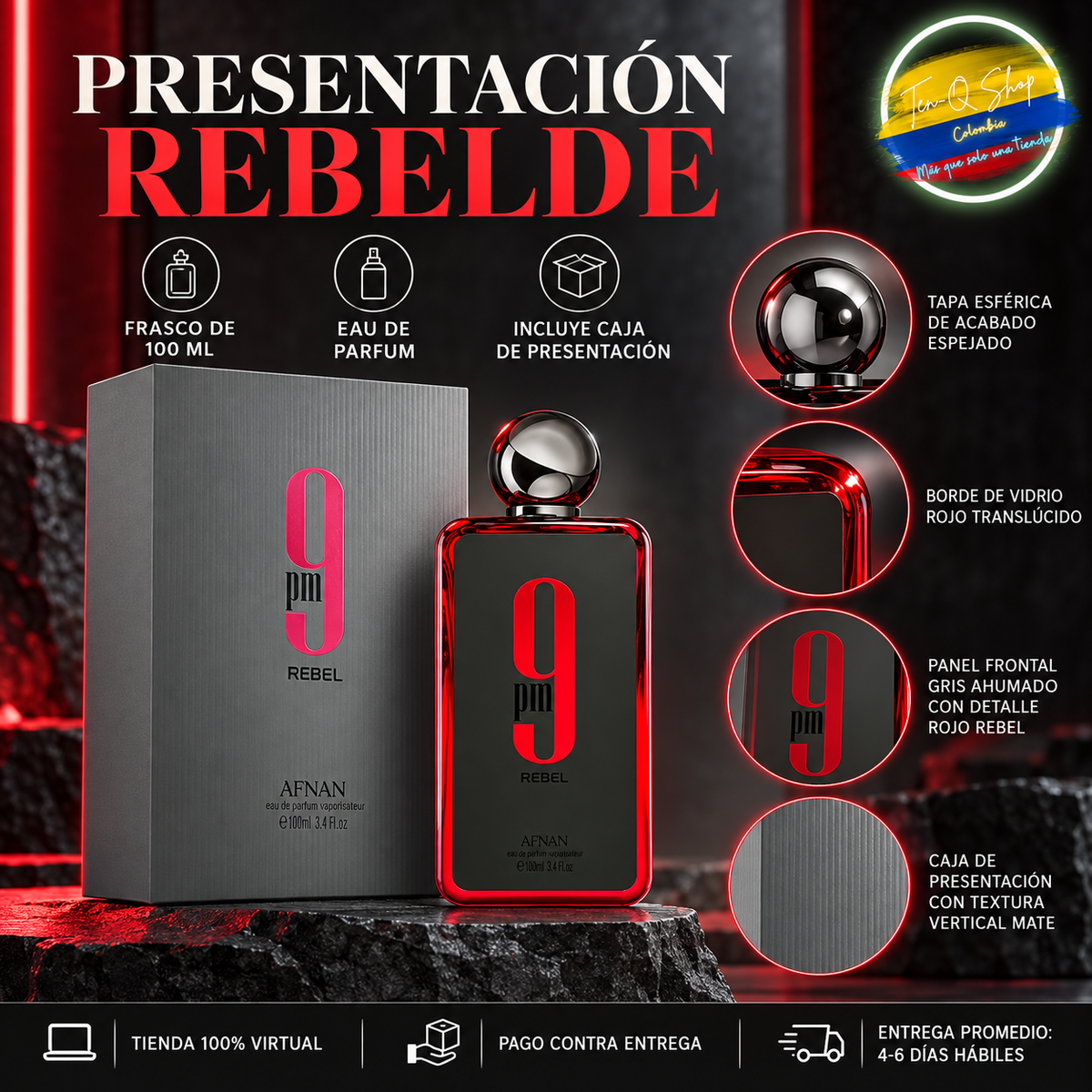 Detalles del frasco y la caja de Afnan 9 PM Rebel.