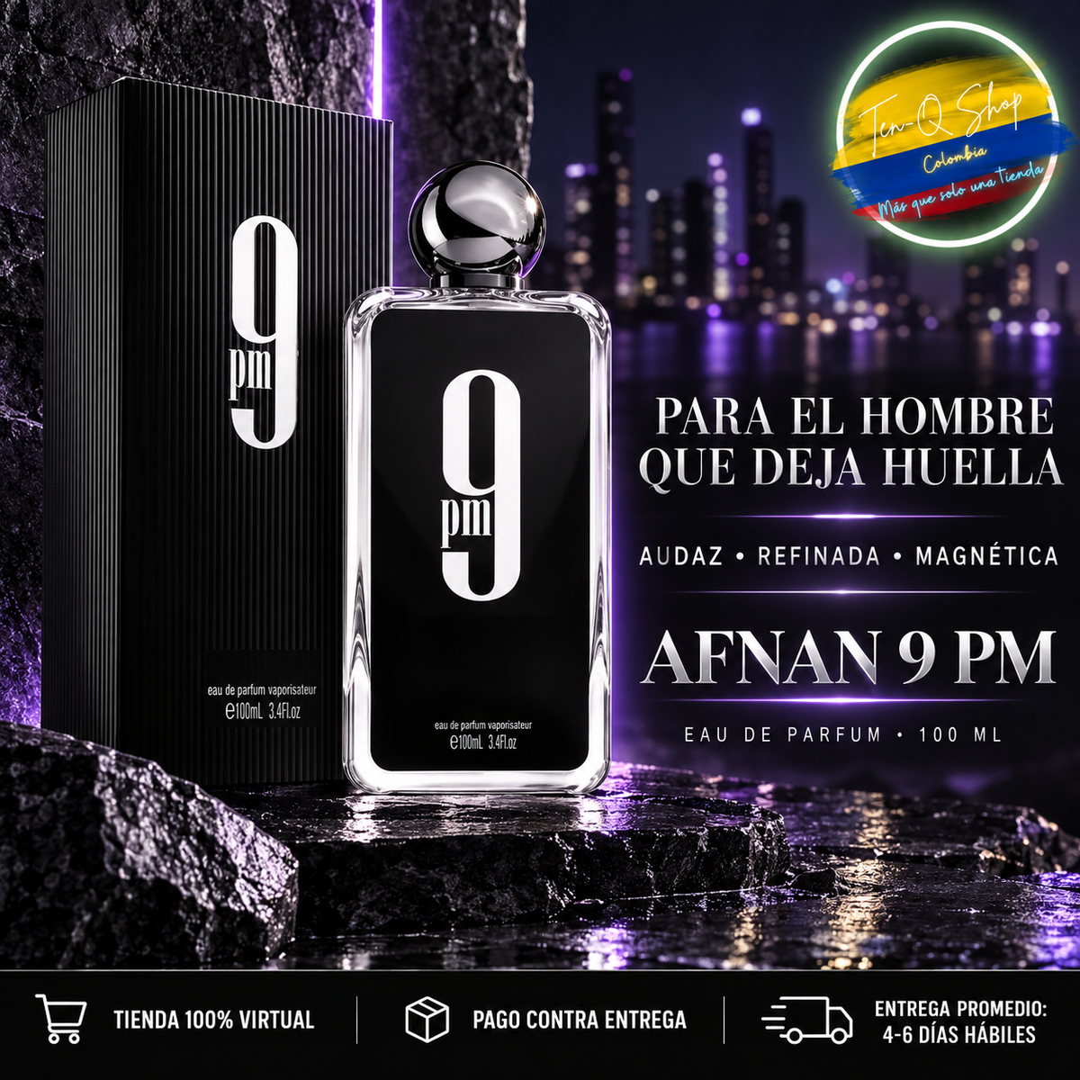 Afnan 9 PM, fragancia masculina audaz y refinada.