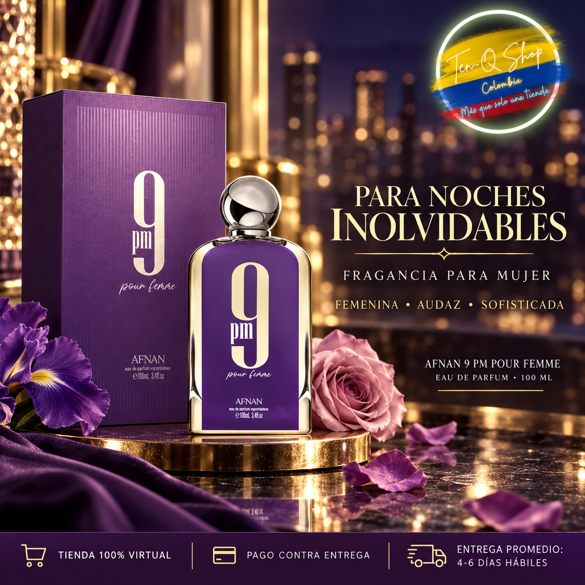 Afnan 9 PM Pour Femme, fragancia femenina audaz y sofisticada.