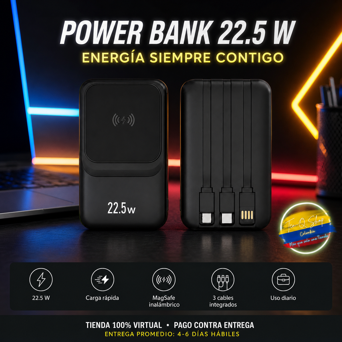 Power Bank 22.5 W con carga inalámbrica magnética y 3 cables integrados