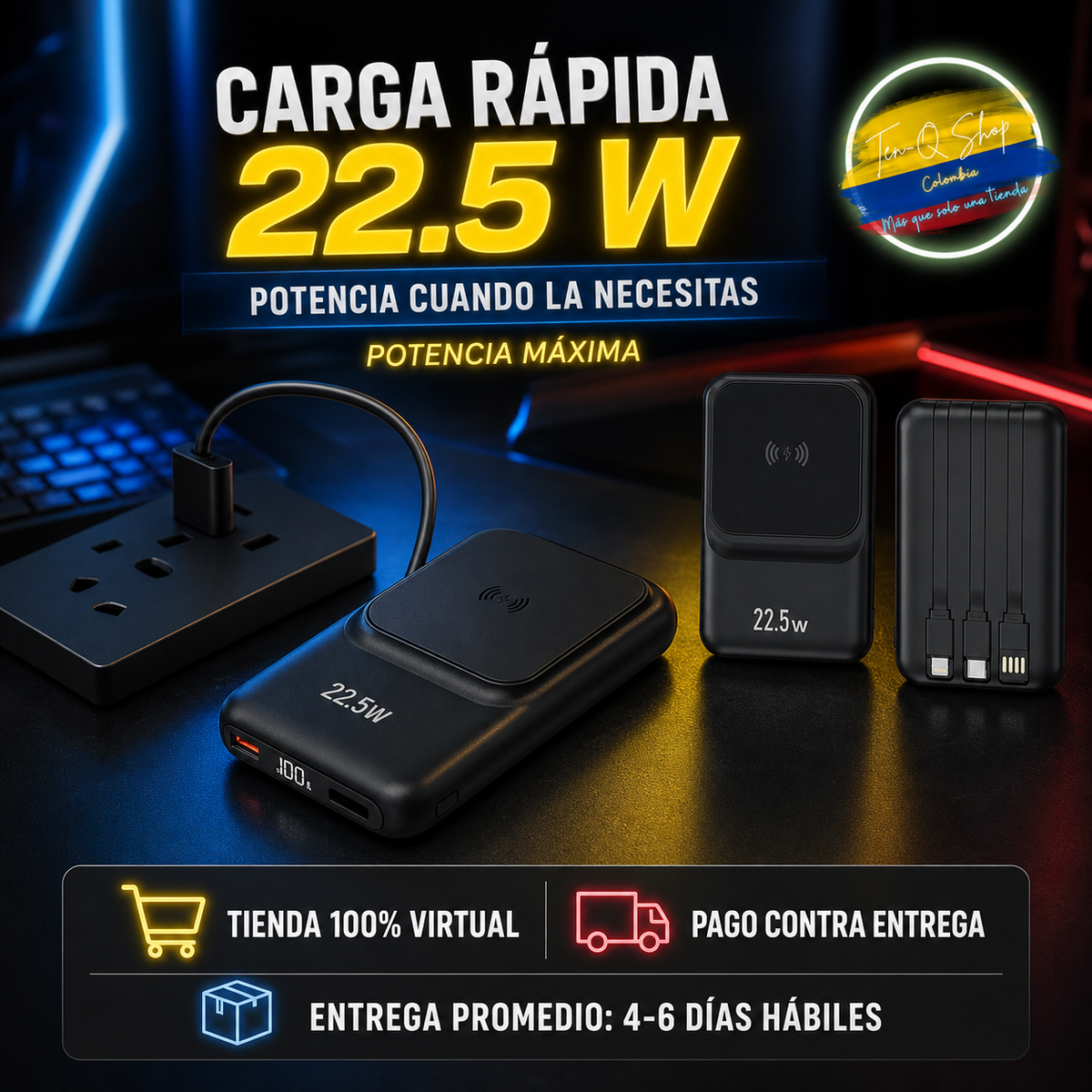 Power Bank 22.5 W con carga inalámbrica magnética y 3 cables integrados