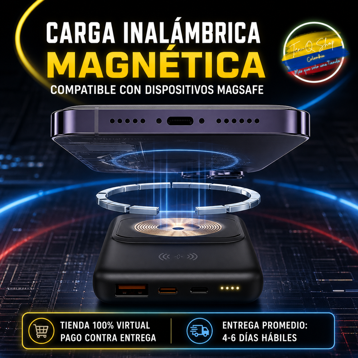 Power Bank 22.5 W con carga inalámbrica magnética y 3 cables integrados