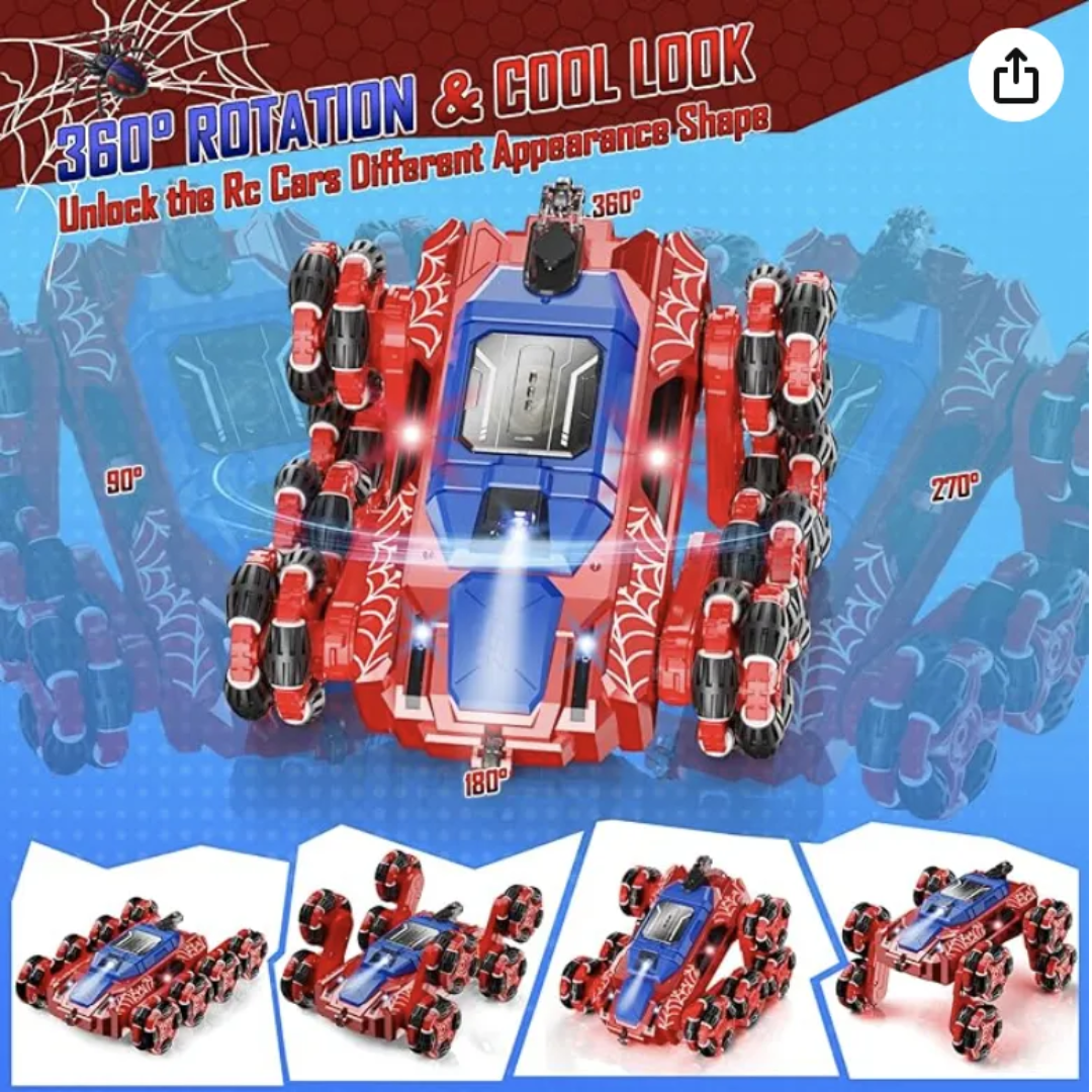 🕷️🚗 Carro Control Remoto 8 Ruedas Hombre Araña con Luz, Humo y Manilla Sensor – ¡Diversión a otro nivel! ⚡💨