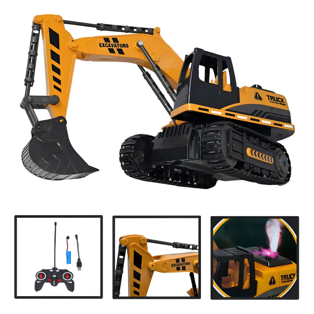 🚜💨 Retroexcavadora RC con Luz, Sonido y Efecto de Humo – La Máquina de Construcción Más Realista para Niños y Coleccionistas 🏗️✨